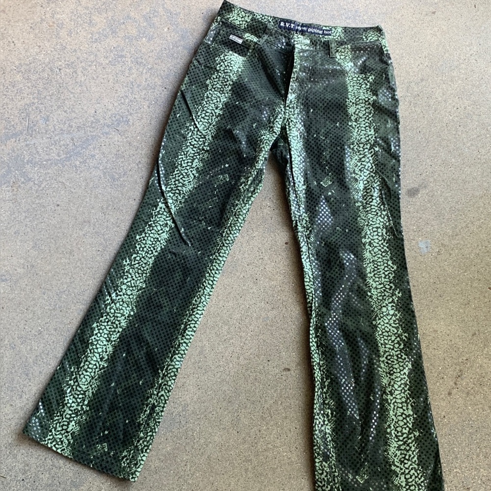 Green Patterned Flare Jeans - Women's Wide Leg